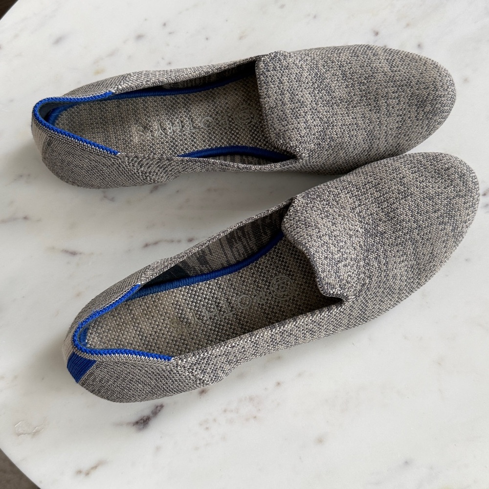 Rothy's Size 8.5, The Loafer Gray/ Tan Heather with Blue/White Back Stripe Shoes